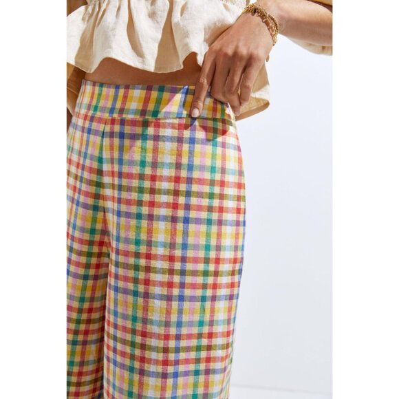 Anthropologie Eva Franco Linen Wide-Leg Plaid Pants Yellow Green Red - Picture 3 of 5